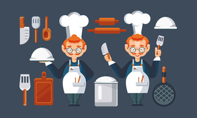 Chef character in restaurant kitchen set. Cartoon character in chef hat and uniform. Cooking and kitchen utensils in trendy flat style. Knives, Cooking pan, Spatula. Vector illustration