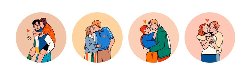 Set of four Young couples in Trendy clothes. Hugging and kissing. Happy together. Round social media Icons. Romance, Valentine's Day concept. Cartoon comic style. Hand drawn Vector illustrations