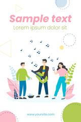 Fototapeta premium Street musician playing guitar. Busker, performer, people listening to music flat vector illustration. Musical performance, entertainment concept for banner, website design or landing web page