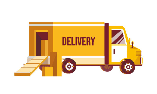 Delivery truck icon. Yellow truck with opened back door isolated on white background for web design and social media. Vector illustration