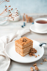 Sweet honey dessert with nuts on a soft light background. Side view, vertical orientation. The concept of desserts.