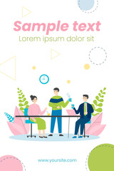 Employees drinking coffee together. Office workers enjoying morning coffee break flat vector illustration. Communication, colleagues meeting concept for banner, website design or landing web page