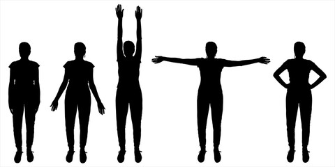 Exercises. Girl is standing there and moving hands: down, up, to the side, hands on the belt. Woman is practicing wellness gymnastics. Five black female silhouettes are isolated on a white background.