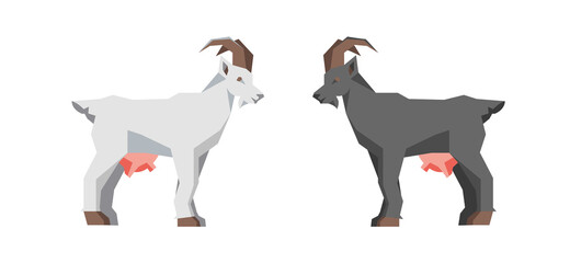 Low poly Goats isolated on white background. Goat silhouette. Trendy flat style. Livestock, farm animal. Graphics for dairy product, grocery store, farmer's market. Vector illustration