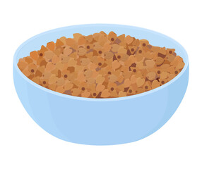 Buckwheat porridge in blue bowl. grain pile heap on plate. Cartoon breakfast vector illustration isolated on white background