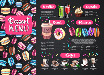 Fototapeta na wymiar Chalk drawing dessert menu design with sweet french macaroons