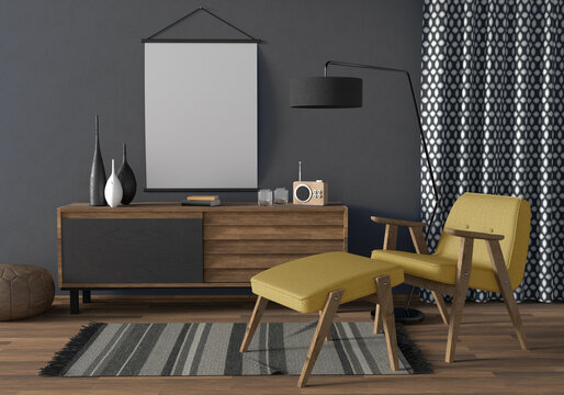 Midcentury style modern interior in colors of 2021, ultimate grey and illuminating yellow, poster mockup with vintage armchair and wooden cabinet