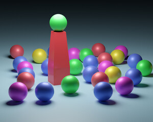 Leadership. Conceptual image of a leader and subordinates. Business teamwork. Balloons.