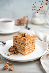 Honey cake on a light background. Side view. Concept of culinary backgrounds.