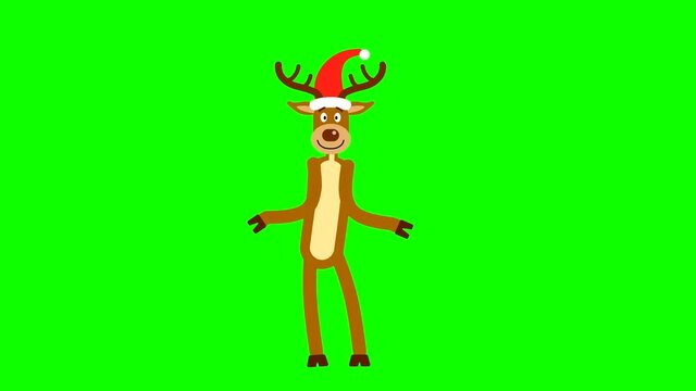 A Christmas deer in a red hat and with antlers stands on its hind legs and dances on a green background. Looped animation to cut the background to create a cartoon.