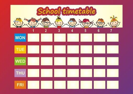 School timetable with seven lessons, vector illustration