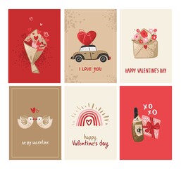 Fototapeta na wymiar Set of posters with a heart, a rainbow, a bouquet of flowers, a envelope, birds, sweets in vintage style. Greeting cards for happy birthday, Valentine's Day. Wedding invitation. Vector illustration. 