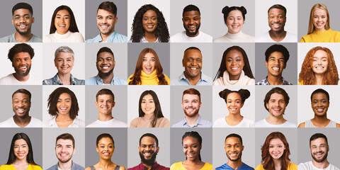 Obraz na płótnie Canvas Collage Of Happy Multiracial People Faces On Gray Backgrounds
