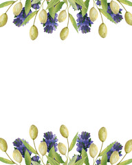 Watercolor hand painted nature provence banner border frame with purple lavender flowers and green olives branches bouquet on the white background for invite and greeting card with space for text