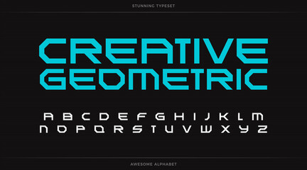Creative geometric alphabet, futuristic font, robotic type for digital logo, monogram, headline, lettering and typography. Minimal style sans serif letters, vector geometry typographic design.