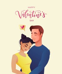 Happy Valentine day hand lettering text with cute couple in love. Cartoon vector illustration.
