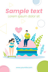 Fast food lovers suffering from overweight problem and high cholesterol. Fat woman standing on scales near hamburger, drinking soda. For fitness, junk eating, heart disease and lifestyle concept.