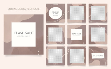social media template banner blog fashion sale promotion. fully editable instagram and facebook square post frame puzzle organic sale poster. brown vector watercolor background
