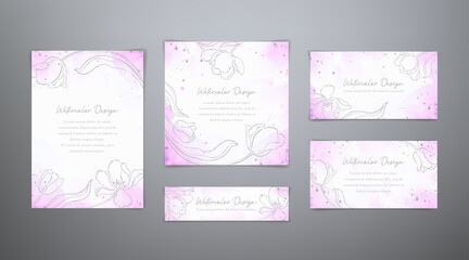 Set vector spring watercolor templates in pink and gray colors. Floral frames with tulps. Romantic abstract backgrounds