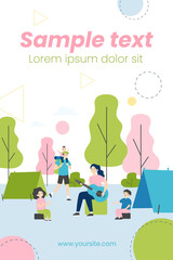 Happy parents and kids enjoying camping. Children and adults sitting at tents, playing guitar flat vector illustration. Family outdoor activities concept for banner, website design or landing web page