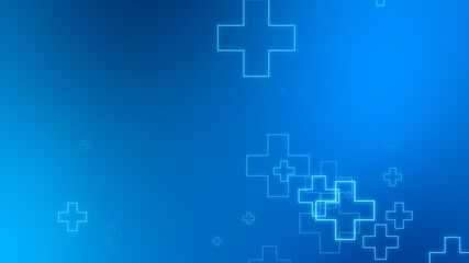 Medical health blue cross neon light shapes pattern background. Abstract healthcare technology and science concept.