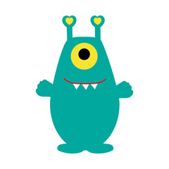 A cute green alien monster with three teeth and one eye.