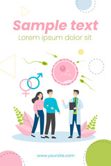 Human reproduction and family planning concept. Young couple consulting reproductive doctor, ovum fertilization infographics. For parenthood, pregnancy and fertility topics