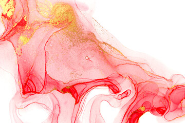 Red and green abstract alcohol ink pattern on white background.
