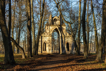 Gothic gate. The Demidovs' estate. Thais. Leningrad region. Clock tower.