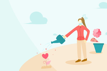 Obraz premium Concept happy relax, happy holidays. Girl watering the plants Happy, Relaxed lifestyle. Vector flat style. Illustration for content. Holiday activities, happiness, fun, vacations