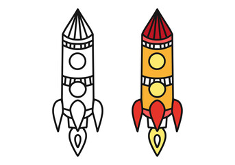 Coloring book for children with a rocket. Black and white coloring and color for children. Rocket launch into space. Coloring book and vector illustration.