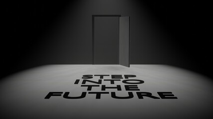 Door opening and revealing light. step into the future text on floor. 3D rendering motion illustration.