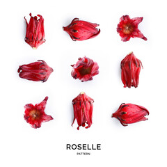 Seamless pattern with roselle on the white background.. Flat lay. Food concept.  