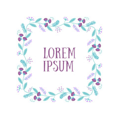 Poster with square garland of purple, pink handdrown flowers and green leafs and plants with text in the center. vector illustration isolated on white background.