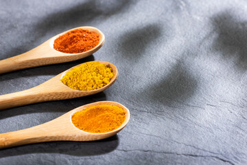 Turmeric, curry and paprika spice set. Text space