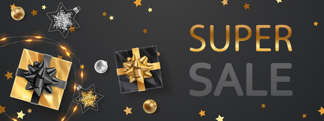 Fototapeta na wymiar Banner for super sale with gold, black gifts, garland, stars and text on black background. Vector Holiday illustration for postcard, banner, cards, decor, design, arts, advertising.