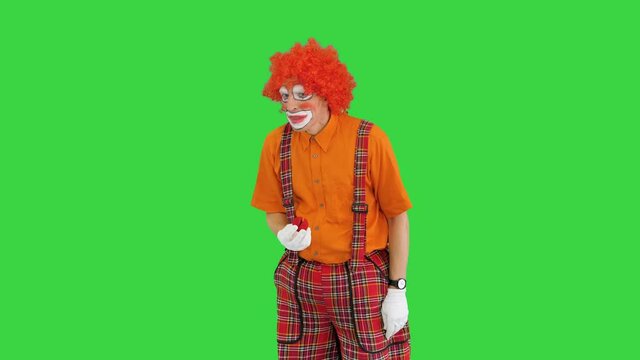 Clown taking off his red nose and smelling the air on a Green Screen, Chroma Key.