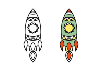Vector line illustration with rocket. Green cute rocket, start symbol, cartoon style sticker. Line art