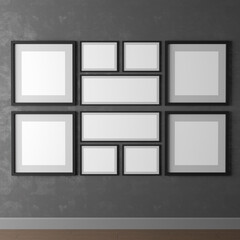 Empty realistic frames mock-up on the wall, 3d illustration set