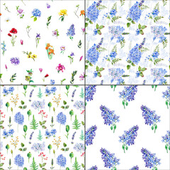 Seamless floral background Blue lilac, hydrangea pattern set