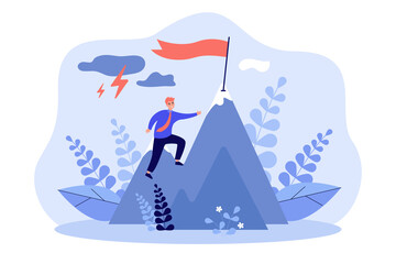 Businessman climbing on mountain through obstacles isolated flat vector illustration. Cartoon person never giving up for target, belief and growth. Perseverance, effort and ambition concept