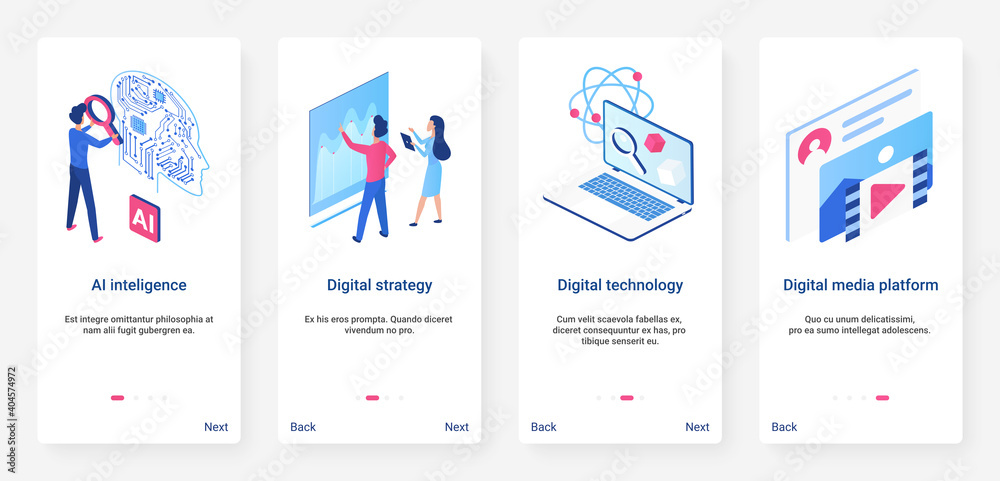 Aufkleber Isometric artificial intelligence concept vector illustration. UX, UI onboarding mobile app page screen set with cartoon 3d ai digital technology, big data analytics and digital media server platform