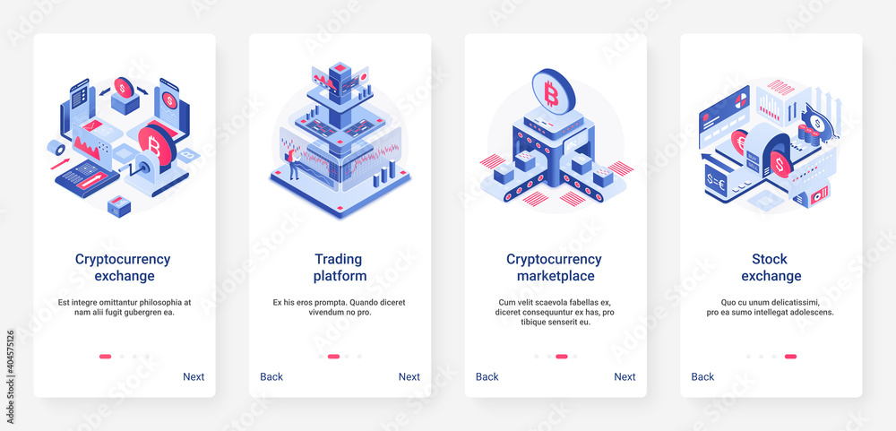 Poster Isometric cryptocurrency exchange trading platform vector illustration. UX, UI onboarding mobile app page screen set with cartoon 3d trader work, blockchain, crypto currency data stock marketplace