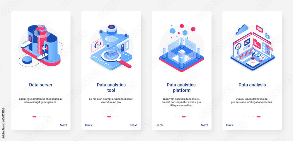 Aufkleber Isometric data analytics, analysis digital technology vector illustration. UX, UI onboarding mobile app page screen set with cartoon 3d database server platform with analyzing tools, work of analysts