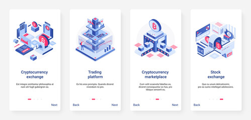 Isometric cryptocurrency exchange trading platform vector illustration. UX, UI onboarding mobile app page screen set with cartoon 3d trader work, blockchain, crypto currency data stock marketplace
