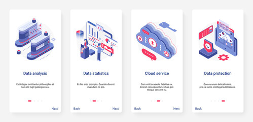 Isometric data analysis, storage and protection technology vector illustration. UX, UI onboarding mobile app page screen set with cartoon 3d dashboard to analyze business charts, analyzing statistics