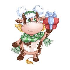 A cute calf girl in a winter hat and a striped scarf carries a gift box with a bow. Festive vector cartoon character for children. Isolated.