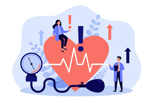Tiny doctors examining heart health flat vector illustration. Cartoon medical specialists doing checkup of blood pressure, pulse rate and cholesterol. Cardiovascular disease and cardiology concept