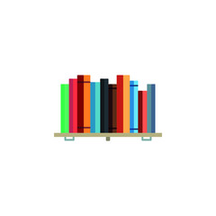 Card with books on bookshelves in flat design style.