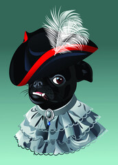 Cute pug in a pirate hat with feathers